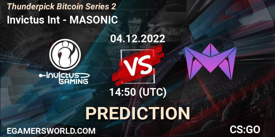 Invictus Int vs MASONIC: Betting TIp, Match Prediction. 05.12.2022 at 15:50. Counter-Strike (CS2), Thunderpick Bitcoin Series 2