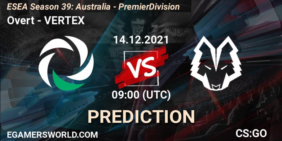 Overt vs VERTEX: Betting TIp, Match Prediction. 15.12.2021 at 09:00. Counter-Strike (CS2), ESEA Season 39: Australia - Premier Division