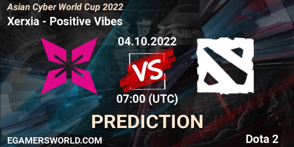 Xerxia vs Positive Vibes: Betting TIp, Match Prediction. 04.10.2022 at 07:06. Dota 2, Asian Cyber World Cup 2022