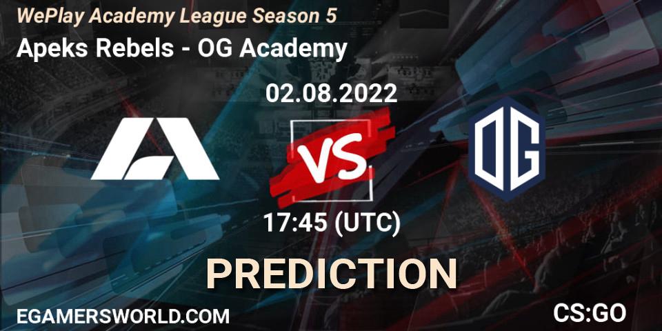 Apeks Rebels vs OG Academy: Betting TIp, Match Prediction. 02.08.2022 at 17:20. Counter-Strike (CS2), WePlay Academy League Season 5
