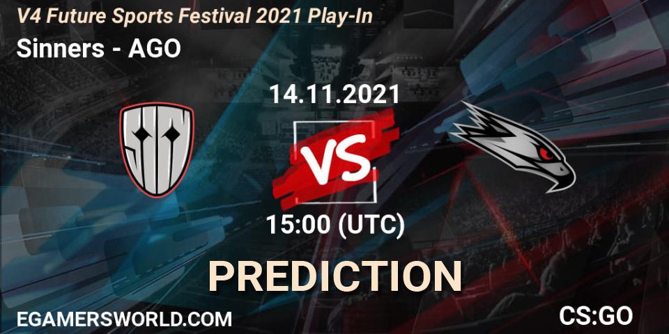 Sinners vs AGO: Betting TIp, Match Prediction. 14.11.2021 at 16:45. Counter-Strike (CS2), V4 Future Sports Festival 2021 Play-In