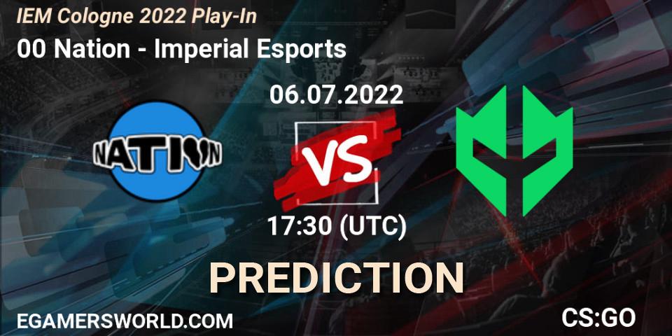 00 Nation vs Imperial Esports: Betting TIp, Match Prediction. 06.07.2022 at 18:30. Counter-Strike (CS2), IEM Cologne 2022 Play-In