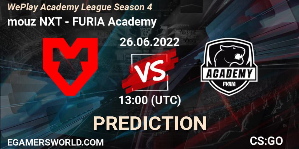 mouz NXT vs FURIA Academy: Betting TIp, Match Prediction. 26.06.2022 at 13:00. Counter-Strike (CS2), WePlay Academy League Season 4