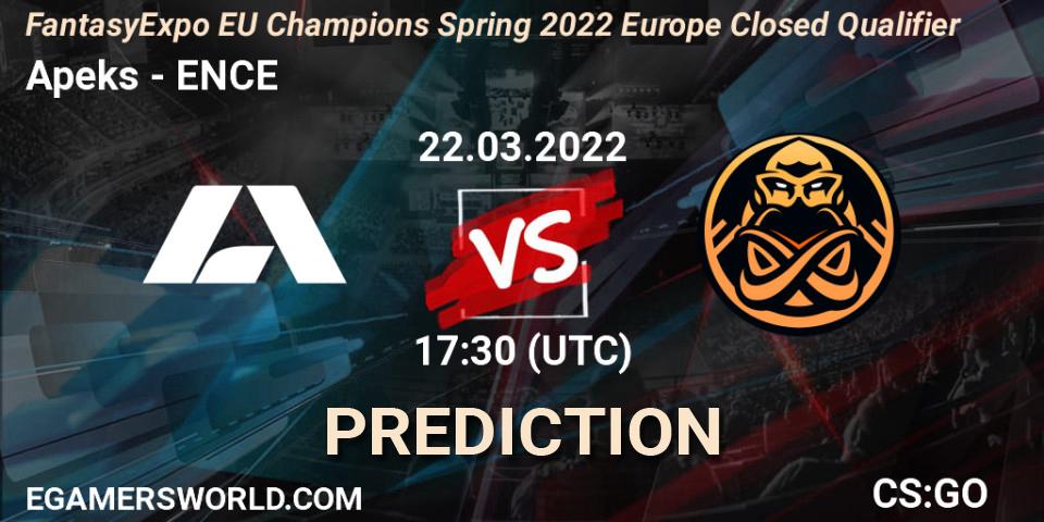 Apeks vs ENCE: Betting TIp, Match Prediction. 22.03.2022 at 17:30. Counter-Strike (CS2), FantasyExpo EU Champions Spring 2022 Europe Closed Qualifier