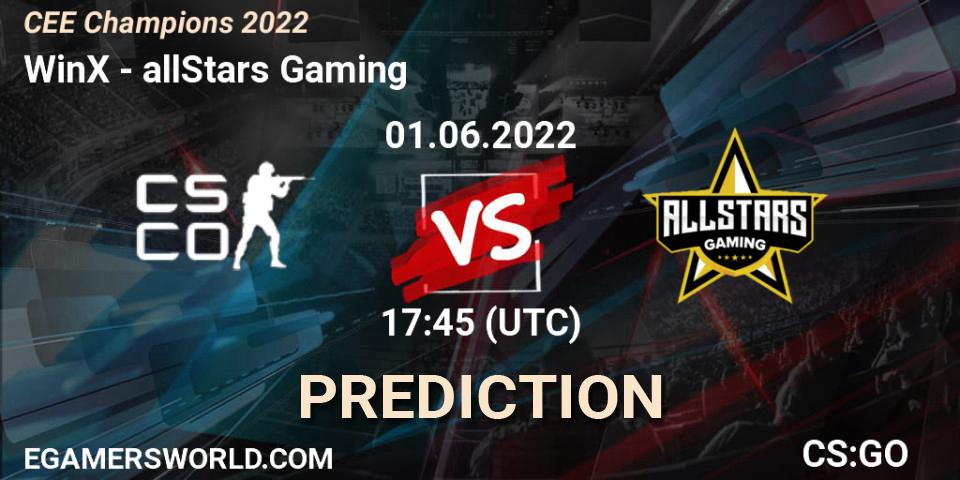 WinX vs allStars Gaming: Betting TIp, Match Prediction. 01.06.2022 at 17:45. Counter-Strike (CS2), CEE Champions 2022