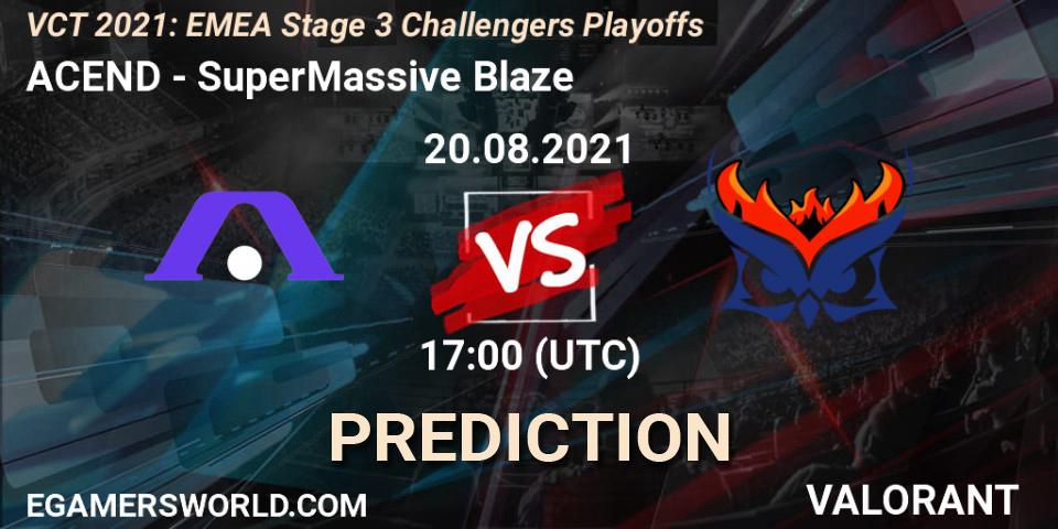 ACEND vs SuperMassive Blaze: Betting TIp, Match Prediction. 20.08.2021 at 18:25. VALORANT, VCT 2021: EMEA Stage 3 Challengers Playoffs
