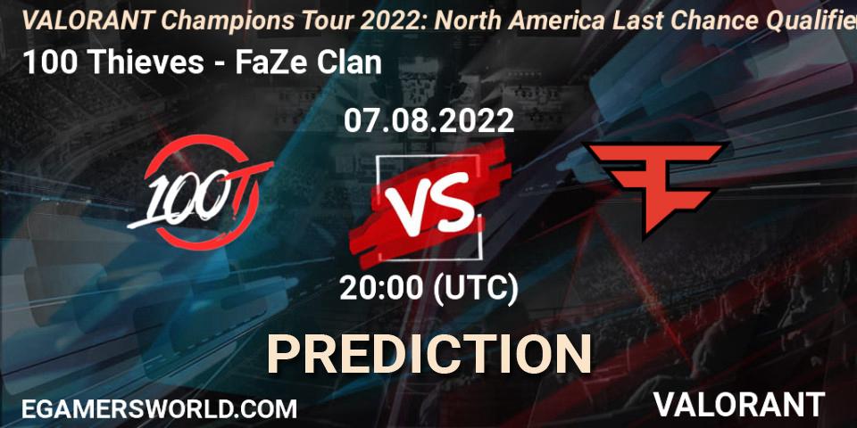 100 Thieves vs FaZe Clan: Betting TIp, Match Prediction. 07.08.2022 at 20:00. VALORANT, VCT 2022: North America Last Chance Qualifier