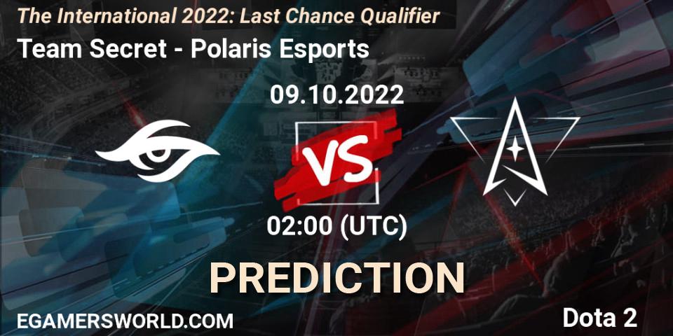 Team Secret vs Polaris Esports: Betting TIp, Match Prediction. 09.10.2022 at 02:01. Dota 2, The International 2022: Last Chance Qualifier