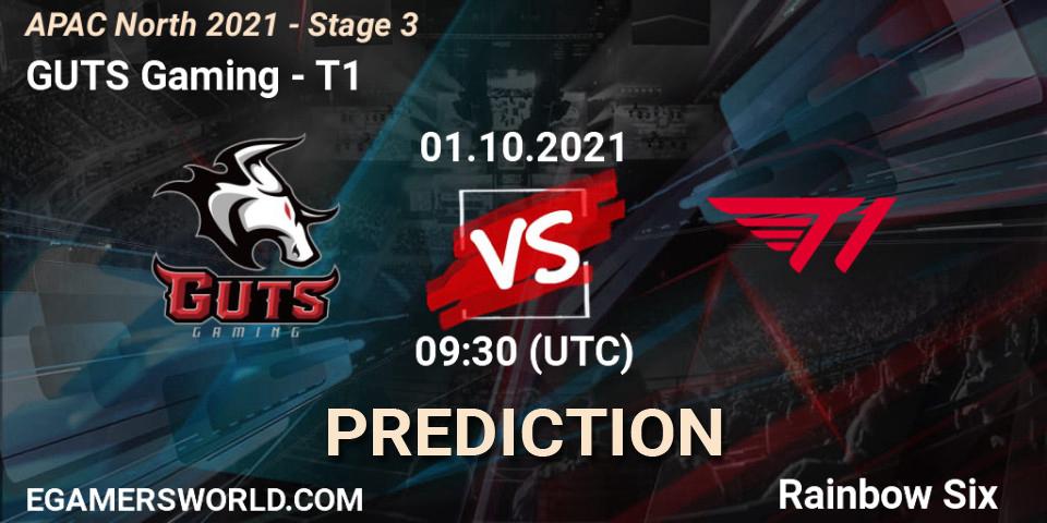 GUTS Gaming vs T1: Betting TIp, Match Prediction. 01.10.2021 at 09:30. Rainbow Six, APAC North 2021 - Stage 3