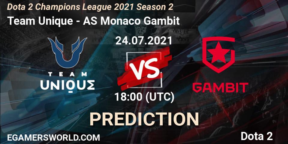 Team Unique vs AS Monaco Gambit: Betting TIp, Match Prediction. 24.07.2021 at 18:05. Dota 2, Dota 2 Champions League 2021 Season 2