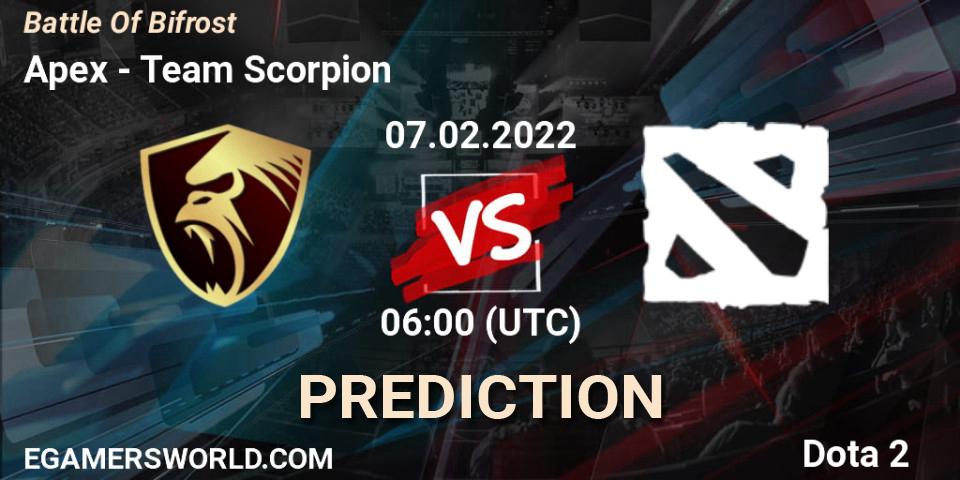 Apex vs Team Scorpion: Betting TIp, Match Prediction. 07.02.2022 at 05:58. Dota 2, Battle Of Bifrost