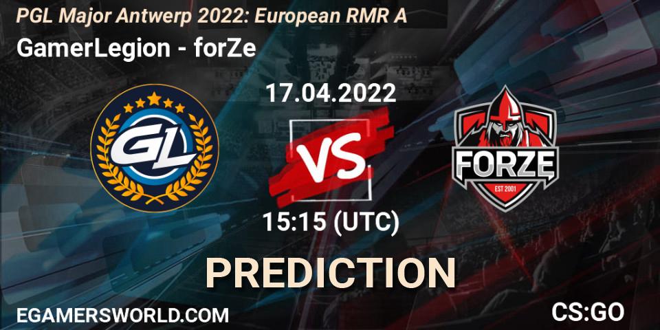 GamerLegion vs forZe: Betting TIp, Match Prediction. 17.04.2022 at 16:35. Counter-Strike (CS2), PGL Major Antwerp 2022: European RMR A
