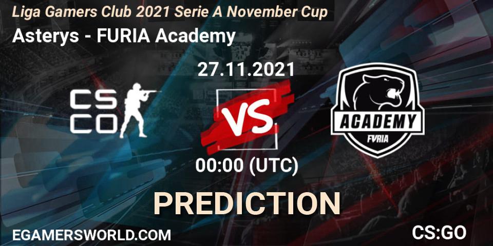 Asterys vs FURIA Academy: Betting TIp, Match Prediction. 27.11.2021 at 00:00. Counter-Strike (CS2), Liga Gamers Club 2021 Serie A November Cup