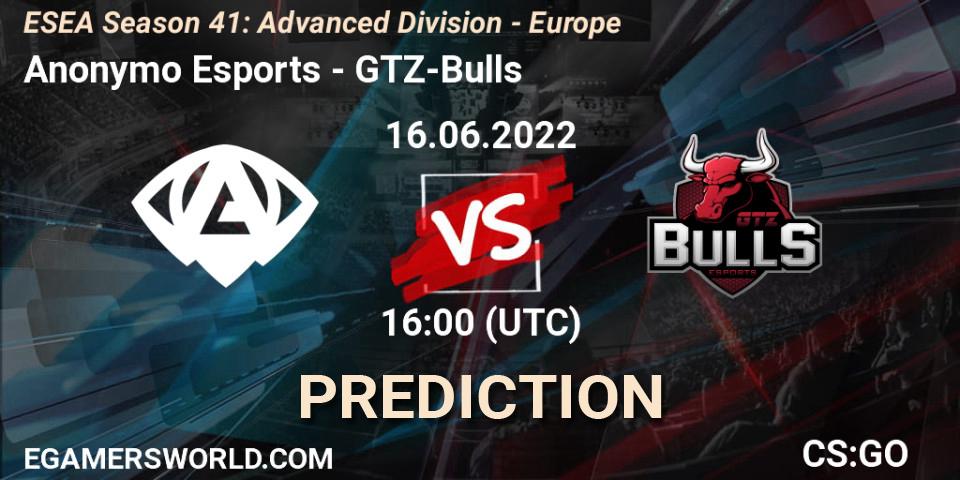 Anonymo Esports vs GTZ-Bulls: Betting TIp, Match Prediction. 16.06.2022 at 16:00. Counter-Strike (CS2), ESEA Season 41: Advanced Division - Europe