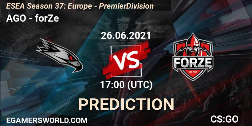 AGO vs forZe: Betting TIp, Match Prediction. 26.06.21. CS2 (CS:GO), ESEA Season 37: Europe - Premier Division