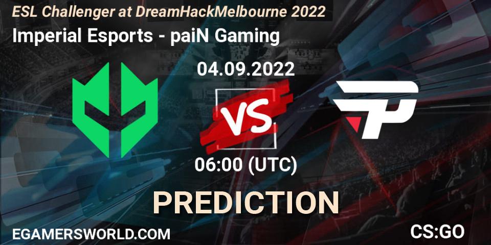 Imperial Esports vs paiN Gaming: Betting TIp, Match Prediction. 04.09.2022 at 05:20. Counter-Strike (CS2), ESL Challenger at DreamHack Melbourne 2022