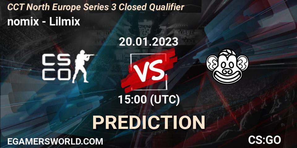 nomix vs Lilmix: Betting TIp, Match Prediction. 20.01.2023 at 15:00. Counter-Strike (CS2), CCT North Europe Series 3 Closed Qualifier