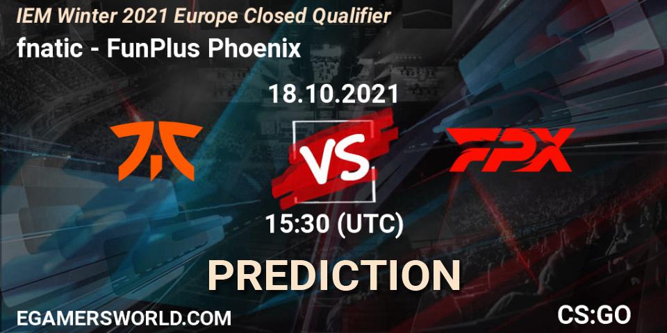fnatic vs FunPlus Phoenix: Betting TIp, Match Prediction. 18.10.2021 at 15:30. Counter-Strike (CS2), IEM Winter 2021 Europe Closed Qualifier