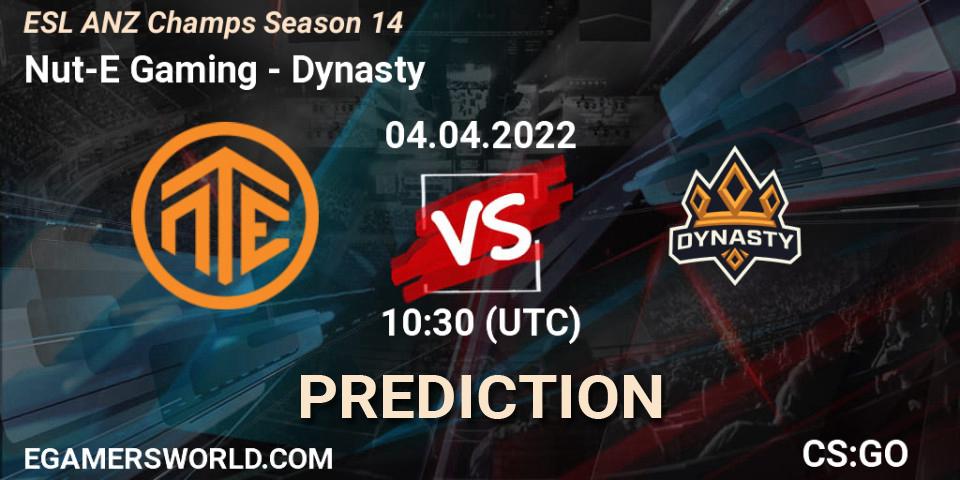 Nut-E Gaming vs Dynasty: Betting TIp, Match Prediction. 04.04.2022 at 10:30. Counter-Strike (CS2), ESL ANZ Champs Season 14