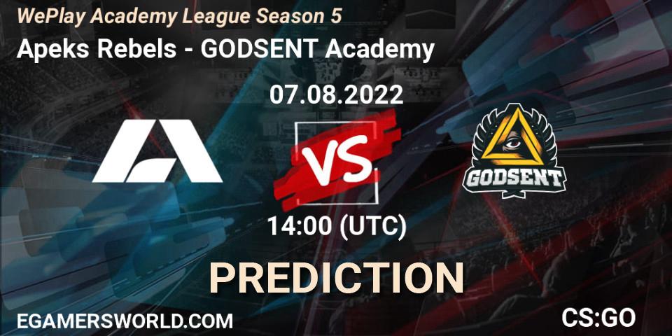 Apeks Rebels vs GODSENT Academy: Betting TIp, Match Prediction. 26.07.2022 at 14:00. Counter-Strike (CS2), WePlay Academy League Season 5