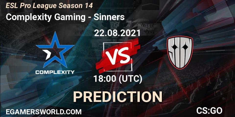 Complexity Gaming vs Sinners: Betting TIp, Match Prediction. 22.08.2021 at 18:40. Counter-Strike (CS2), ESL Pro League Season 14