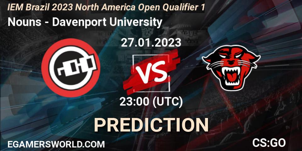 Nouns vs Davenport University: Betting TIp, Match Prediction. 27.01.2023 at 23:00. Counter-Strike (CS2), IEM Brazil Rio 2023 North America Open Qualifier 1