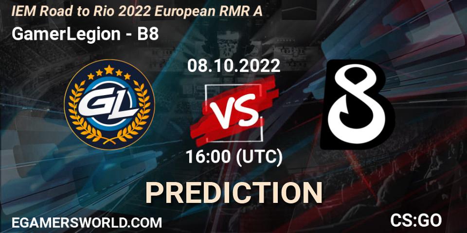 GamerLegion vs B8: Betting TIp, Match Prediction. 08.10.2022 at 16:05. Counter-Strike (CS2), IEM Road to Rio 2022 European RMR A