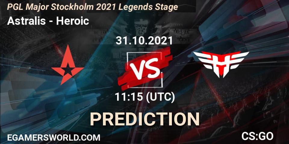 Astralis vs Heroic: Betting TIp, Match Prediction. 31.10.2021 at 11:35. Counter-Strike (CS2), PGL Major Stockholm 2021 Legends Stage