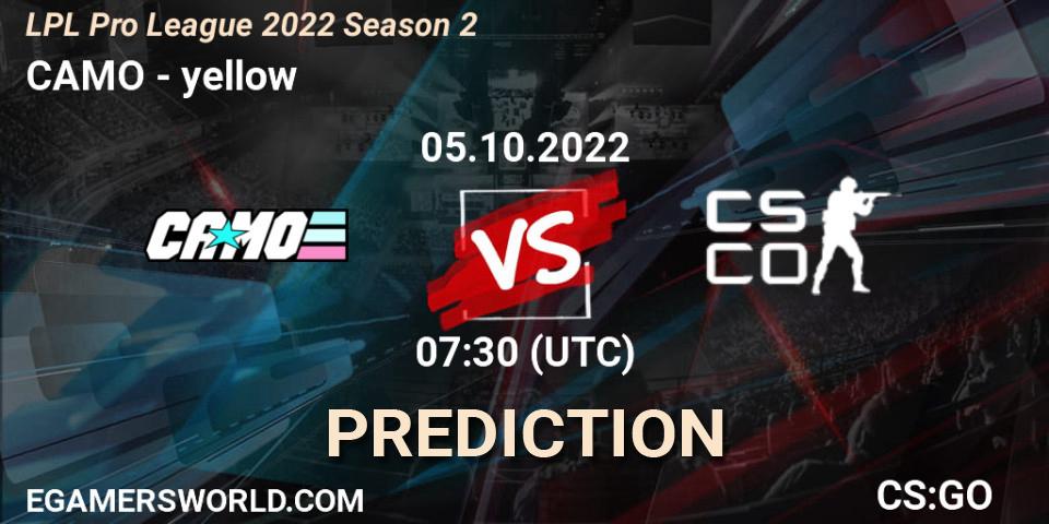 CAMO vs yellow: Betting TIp, Match Prediction. 05.10.2022 at 07:45. Counter-Strike (CS2), LPL Pro League 2022 Season 2