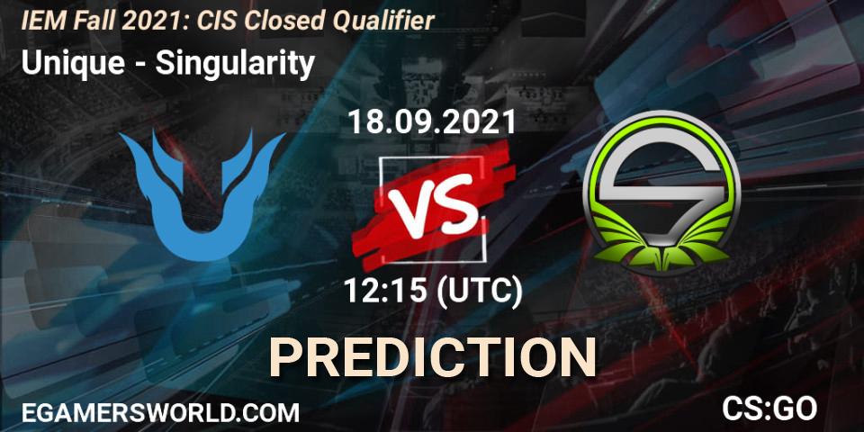 Unique vs Singularity: Betting TIp, Match Prediction. 18.09.2021 at 12:15. Counter-Strike (CS2), IEM Fall 2021: CIS Closed Qualifier