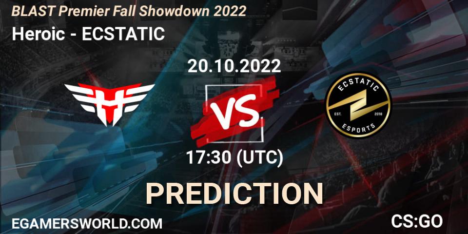 Heroic vs ECSTATIC: Betting TIp, Match Prediction. 20.10.2022 at 18:40. Counter-Strike (CS2), BLAST Premier Fall Showdown 2022 Europe