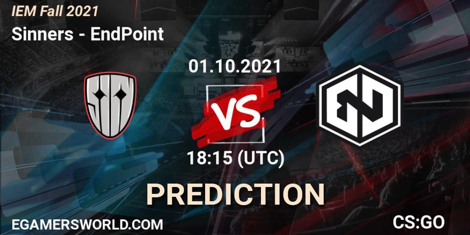 Sinners vs EndPoint: Betting TIp, Match Prediction. 01.10.2021 at 18:15. Counter-Strike (CS2), IEM Fall 2021: Europe RMR