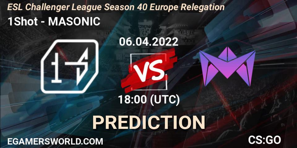 1Shot vs MASONIC: Betting TIp, Match Prediction. 06.04.2022 at 19:00. Counter-Strike (CS2), ESL Challenger League Season 40 Europe Relegation
