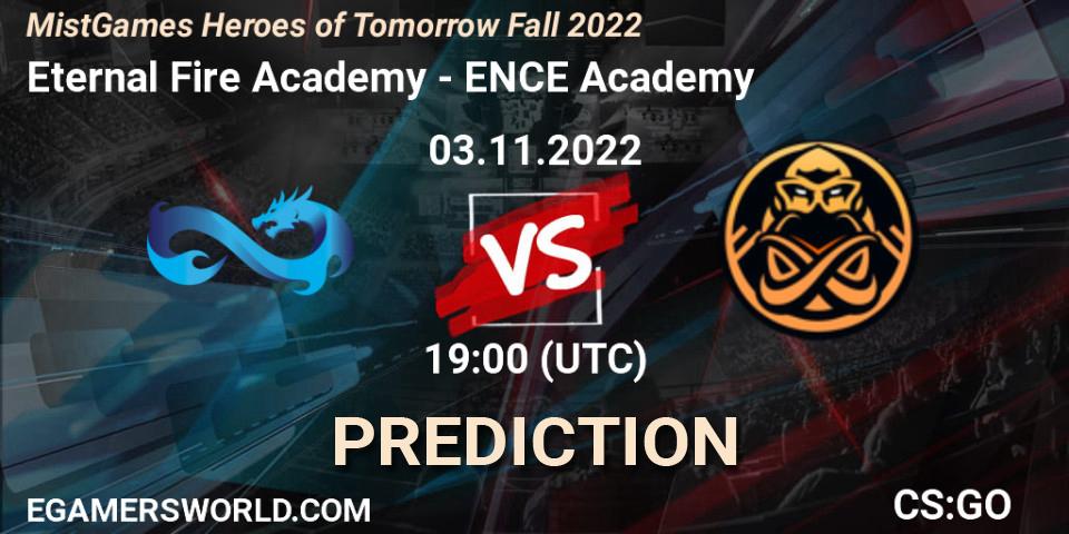 Eternal Fire Academy vs ENCE Academy: Betting TIp, Match Prediction. 03.11.2022 at 19:25. Counter-Strike (CS2), MistGames Heroes of Tomorrow Fall 2022