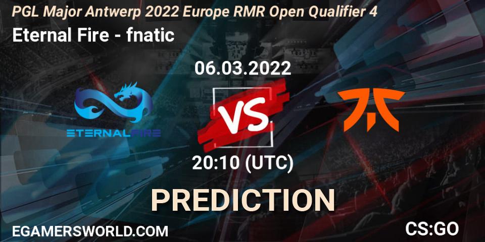 Eternal Fire vs fnatic: Betting TIp, Match Prediction. 06.03.2022 at 20:10. Counter-Strike (CS2), PGL Major Antwerp 2022 Europe RMR Open Qualifier 4