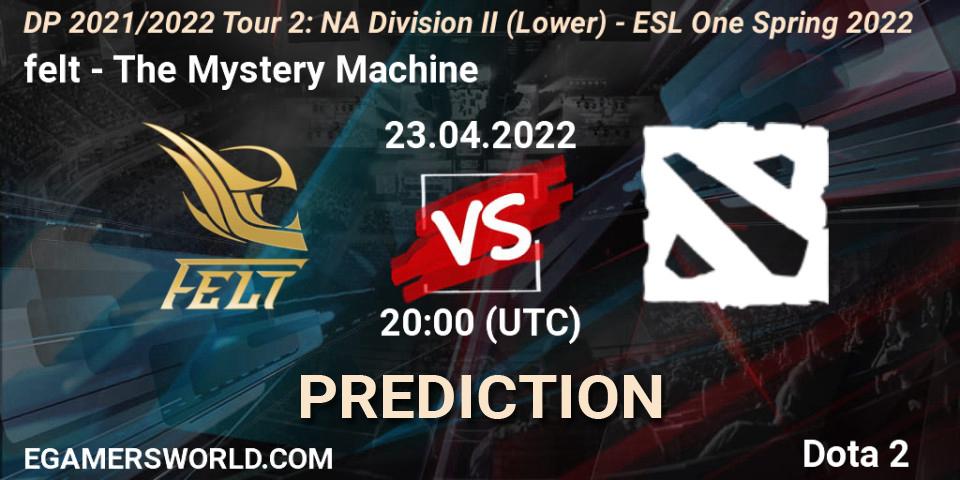 felt vs The Mystery Machine: Betting TIp, Match Prediction. 23.04.2022 at 22:51. Dota 2, DP 2021/2022 Tour 2: NA Division II (Lower) - ESL One Spring 2022