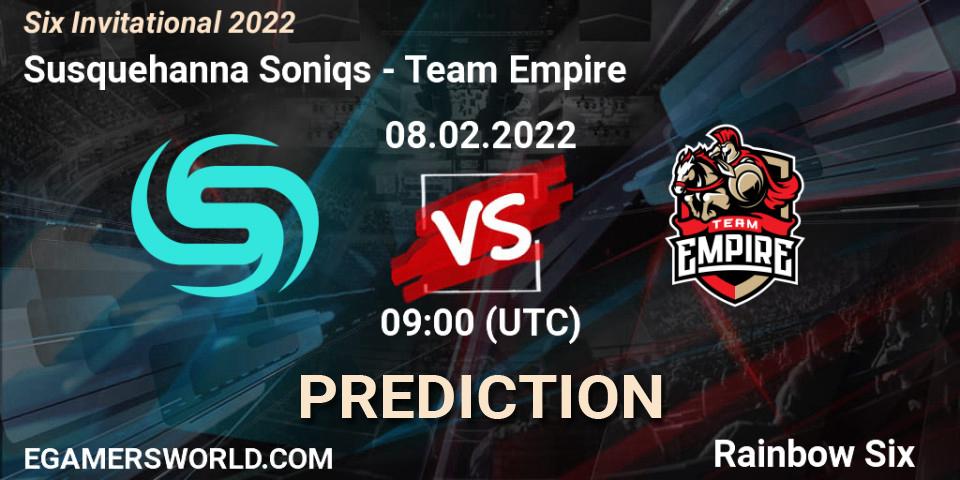 Susquehanna Soniqs vs Team Empire: Betting TIp, Match Prediction. 08.02.2022 at 09:00. Rainbow Six, Six Invitational 2022