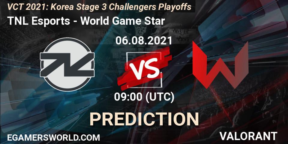 TNL Esports vs World Game Star: Betting TIp, Match Prediction. 06.08.2021 at 11:00. VALORANT, VCT 2021: Korea Stage 3 Challengers Playoffs