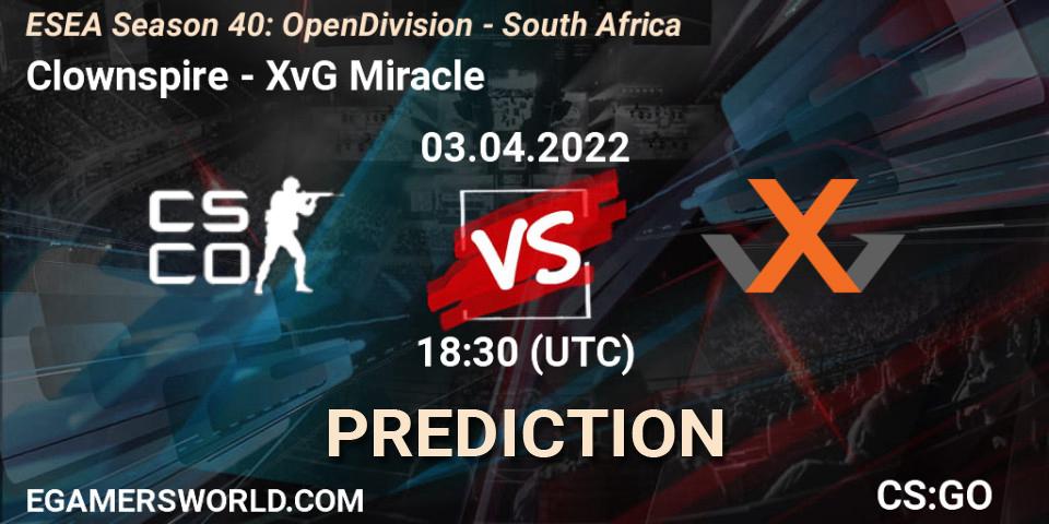 Clownspire vs XvG Miracle: Betting TIp, Match Prediction. 03.04.2022 at 18:30. Counter-Strike (CS2), ESEA Season 40: Open Division - South Africa