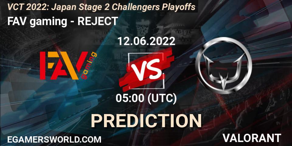 FAV gaming vs REJECT: Betting TIp, Match Prediction. 12.06.2022 at 05:00. VALORANT, VCT 2022: Japan Stage 2 Challengers Playoffs