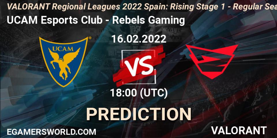UCAM Esports Club vs Rebels Gaming: Betting TIp, Match Prediction. 16.02.2022 at 18:15. VALORANT, VALORANT Regional Leagues 2022 Spain: Rising Stage 1 - Regular Season
