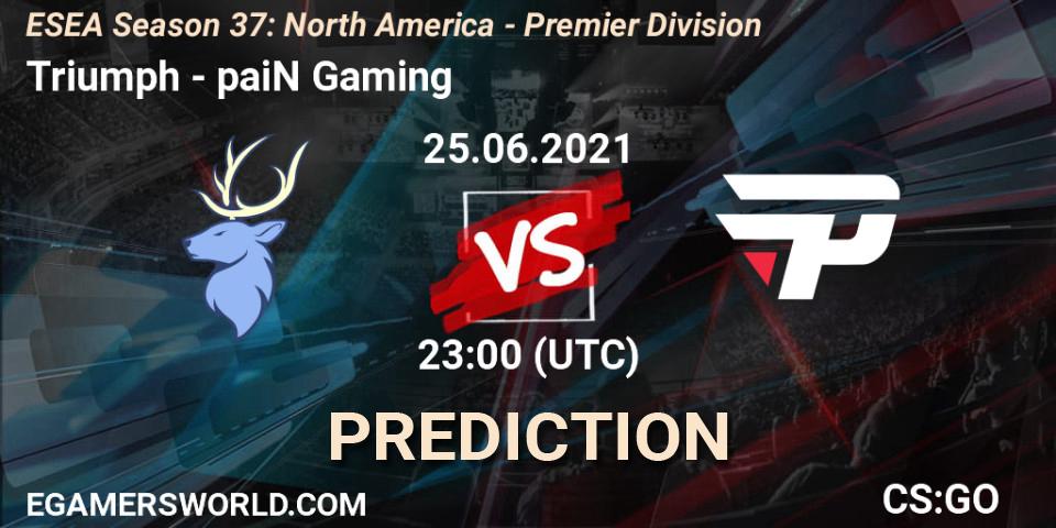 Triumph vs paiN Gaming: Betting TIp, Match Prediction. 25.06.2021 at 23:00. Counter-Strike (CS2), ESEA Season 37: North America - Premier Division