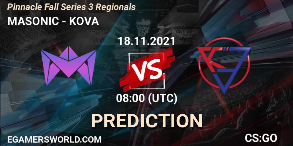 MASONIC vs KOVA: Betting TIp, Match Prediction. 18.11.2021 at 08:00. Counter-Strike (CS2), Pinnacle Fall Series 3 Regionals