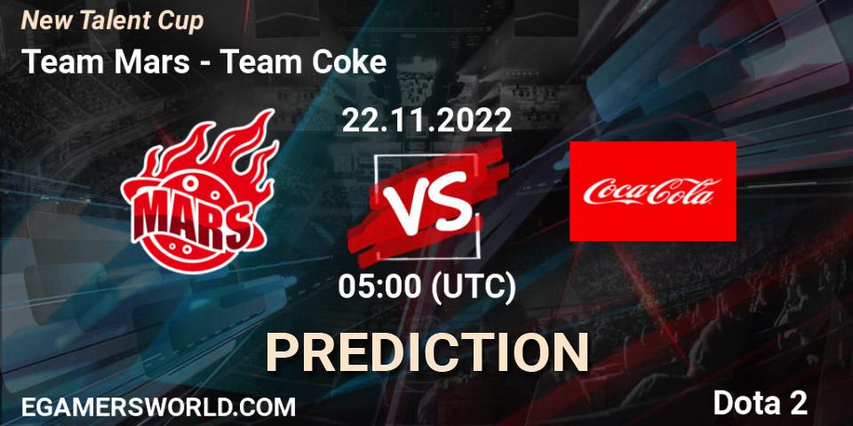Team Mars vs Team Coke: Betting TIp, Match Prediction. 22.11.2022 at 07:23. Dota 2, New Talent Cup