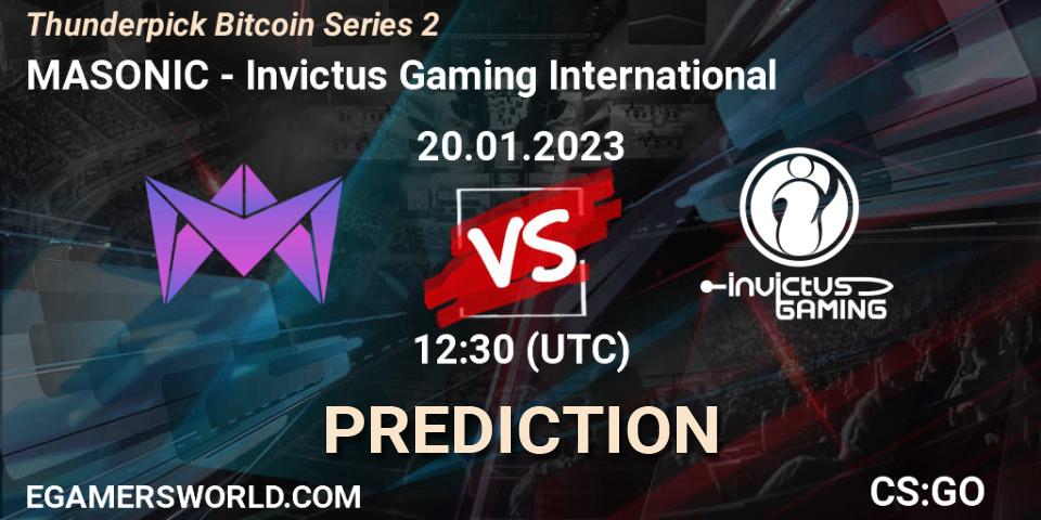 MASONIC vs Invictus Gaming International: Betting TIp, Match Prediction. 22.01.2023 at 09:00. Counter-Strike (CS2), Thunderpick Bitcoin Series 2