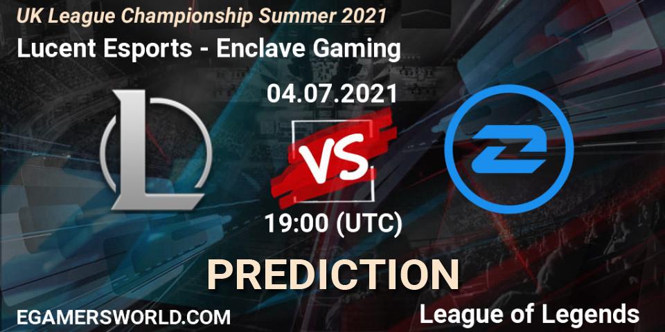 Lucent Esports vs Enclave Gaming: Betting TIp, Match Prediction. 04.07.2021 at 19:00. LoL, UK League Championship Summer 2021