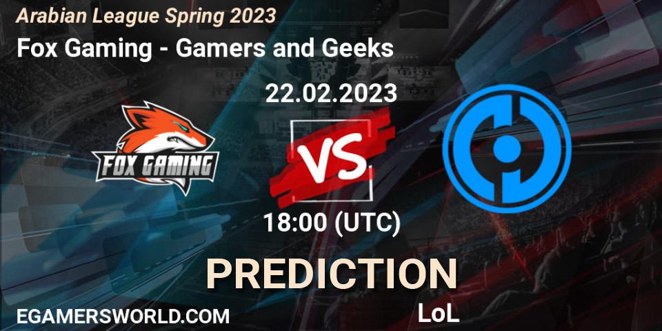Fox Gaming vs Gamers and Geeks: Betting TIp, Match Prediction. 22.02.2023 at 18:15. LoL, Arabian League Spring 2023