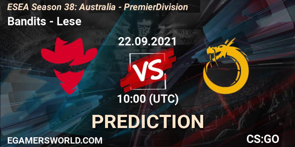 Bandits vs Lese: Betting TIp, Match Prediction. 22.09.2021 at 10:00. Counter-Strike (CS2), ESEA Season 38: Australia - Premier Division