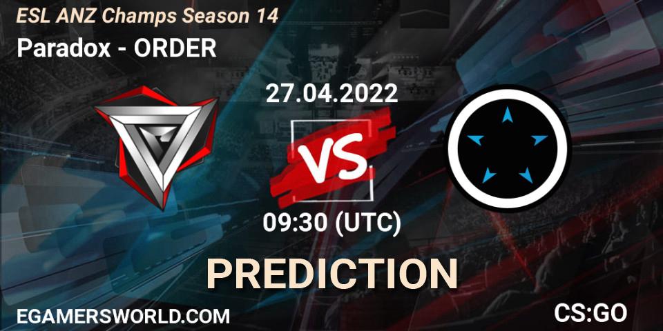 Paradox vs ORDER: Betting TIp, Match Prediction. 27.04.22. CS2 (CS:GO), ESL ANZ Champs Season 14