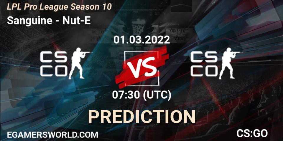 Sanguine vs Nut-E Gaming: Betting TIp, Match Prediction. 01.03.2022 at 07:30. Counter-Strike (CS2), LPL Pro League Season 10